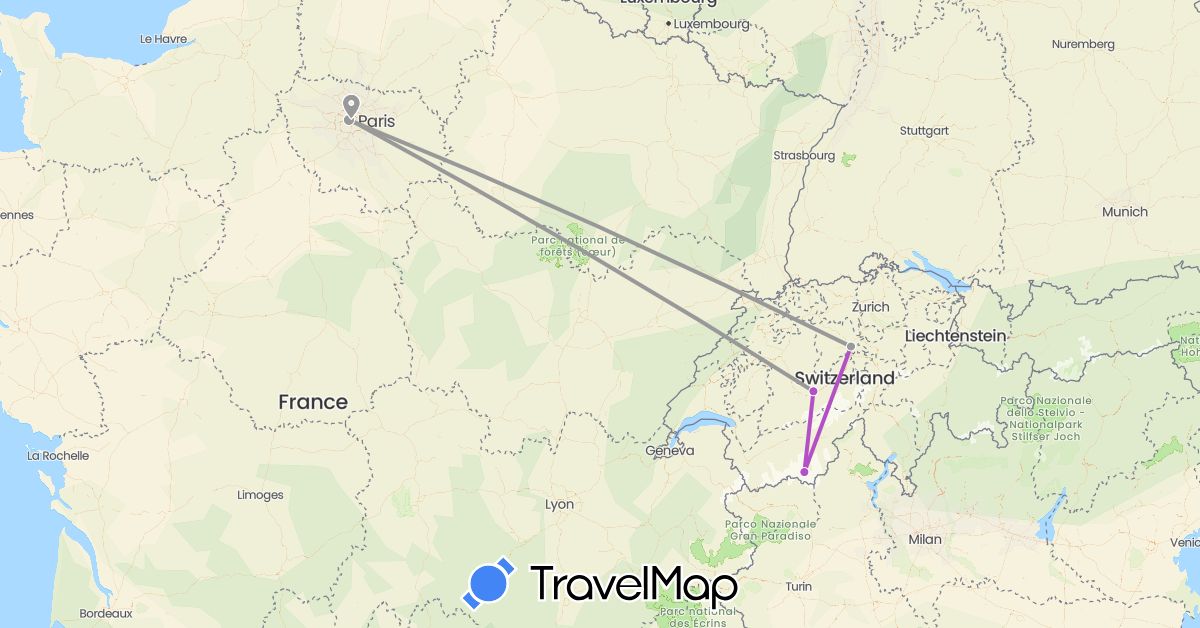 TravelMap itinerary: driving, plane, train in Switzerland, France (Europe)