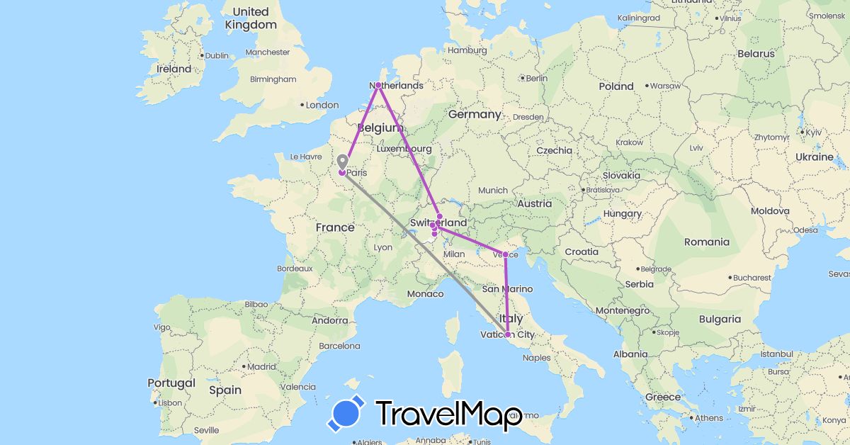 TravelMap itinerary: driving, plane, train in Switzerland, France, Italy, Netherlands (Europe)